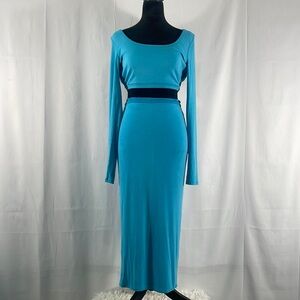 Blue long sleeve crop top, high waisted long skirt,Elastic waist,two piece,Large